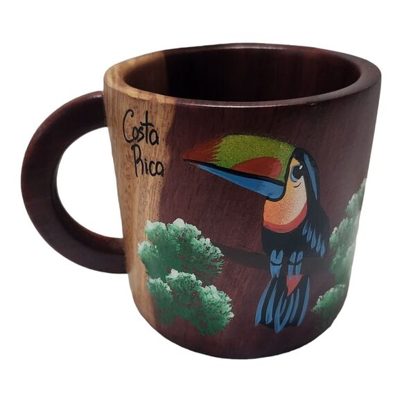 Wooden Costa Rica Souvenir Coffee Tea Mug w/ Hand Painted Toucan - Picture 1 of 6